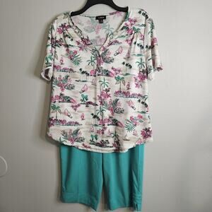 Links Womens 2pc Capri Set Green White Pull On Stretch Pockets Soft Knit Sz S